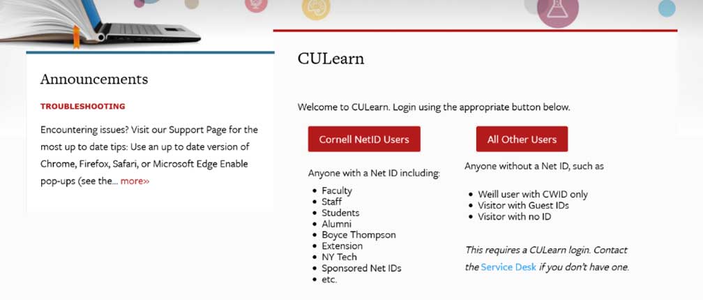 Click on Cornell NetID Users on home page of CULearn website.